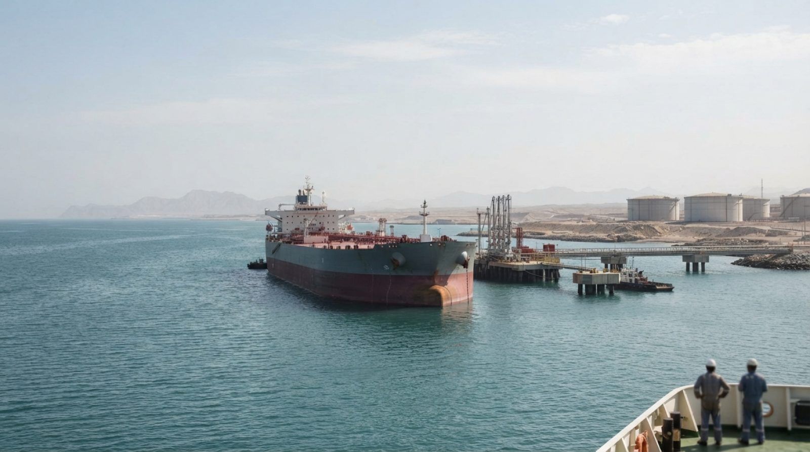 Illustration: A large commercial crude oil tanker anchored near offshore export terminal facilities in the Gulf of Oman, with calm waters and an indus