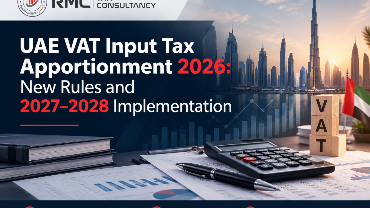 Tax consultancy banner about UAE VAT rules with Dubai skyline, calculator, and financial documents