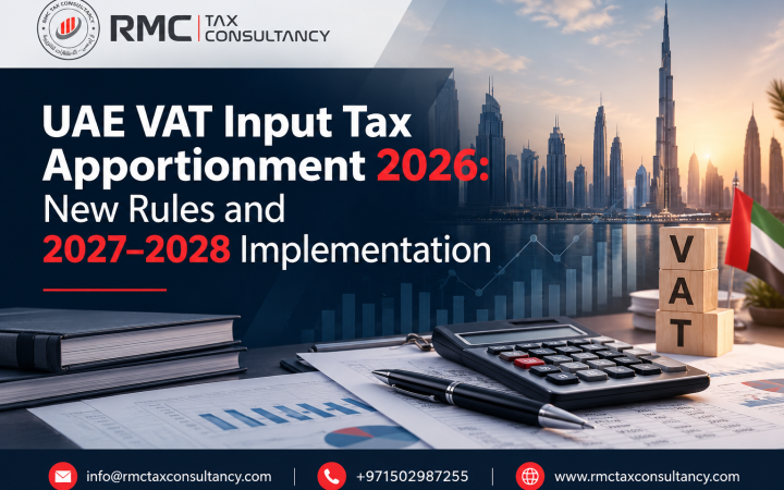 Tax consultancy banner about UAE VAT rules with Dubai skyline, calculator, and financial documents
