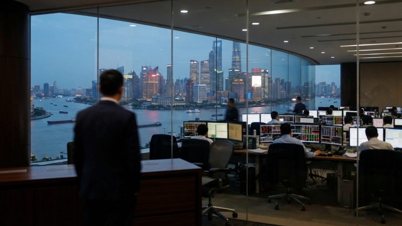 Illustration: A modern financial trading floor and executive office overlooking the Pudong skyline in Shanghai with digital financial charts and data