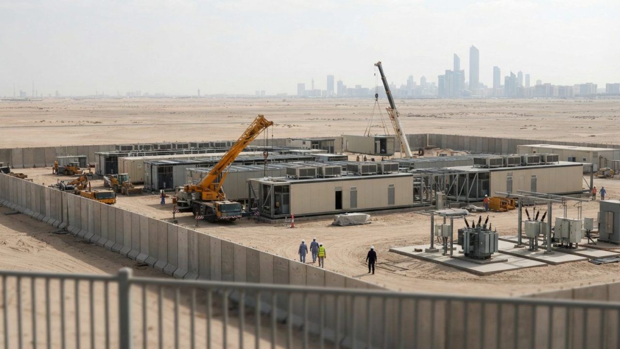 Illustration: A modern, large-scale modular data center complex under construction in an arid Gulf landscape during daylight, showing cooling units, e