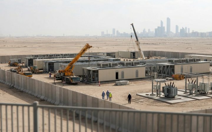 Illustration: A modern, large-scale modular data center complex under construction in an arid Gulf landscape during daylight, showing cooling units, e