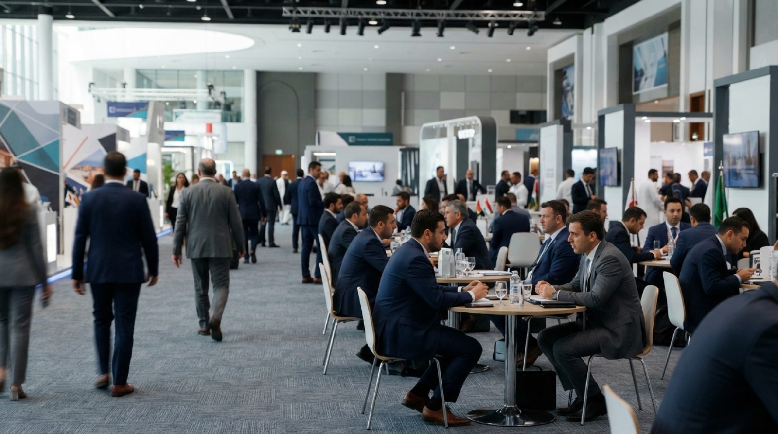 Illustration: A bustling international travel trade exhibition hall in Dubai, showing exhibition booths, modern display boards, visitors walking down