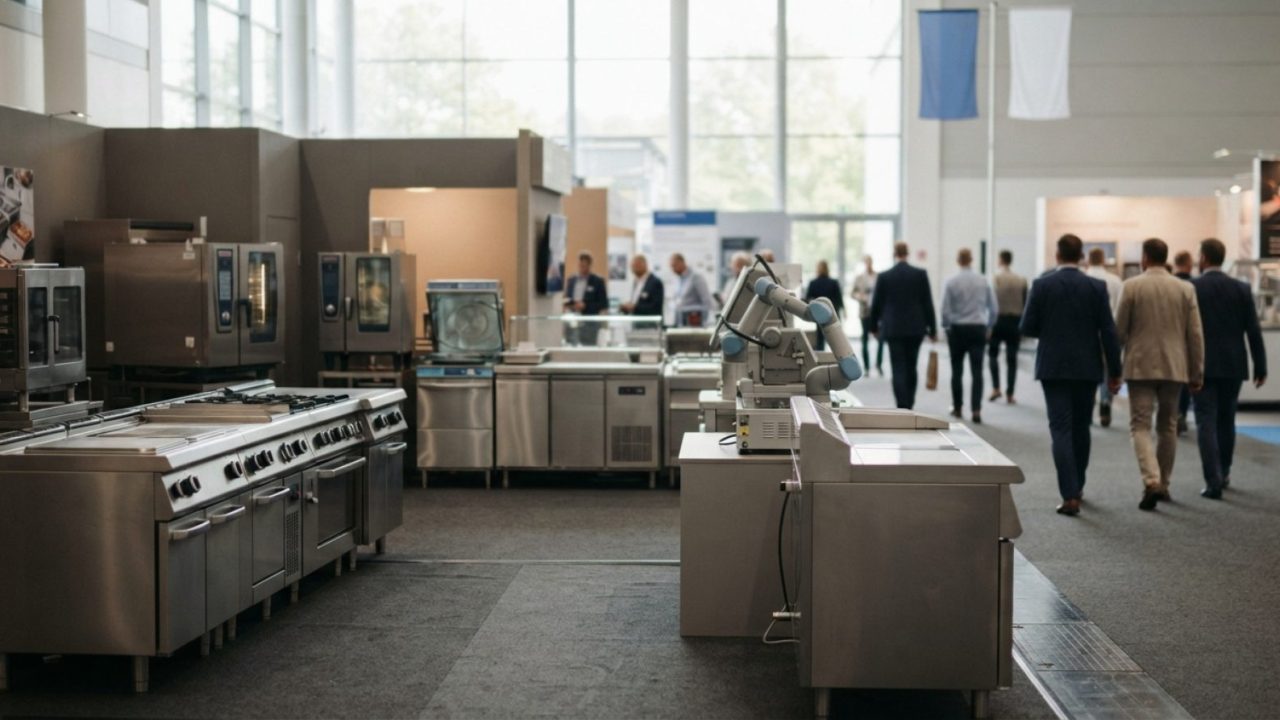 Illustration: Commercial stainless steel kitchen equipment and modern automated culinary appliances displayed on an exhibition hall floor, with profes