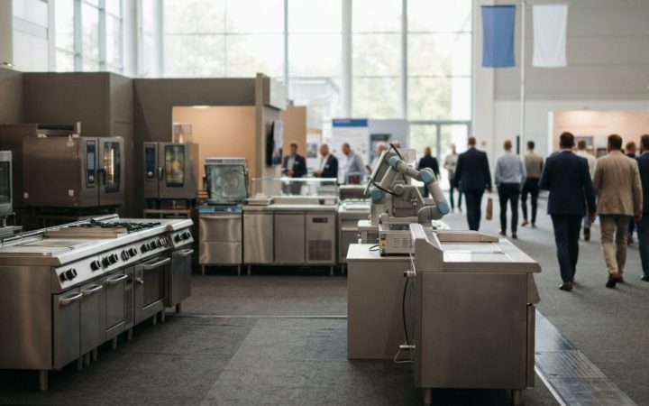 Illustration: Commercial stainless steel kitchen equipment and modern automated culinary appliances displayed on an exhibition hall floor, with profes