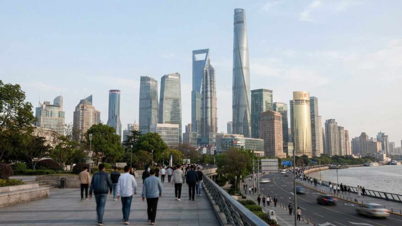 插图：编辑摄影照片，展示晴朗日光下上海陆家嘴金融区的现代办公大楼，以及明净通透的玻璃建筑