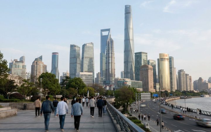Illustration: Editorial photograph showing modern office towers in Shanghai's Lujiazui financial district under clear daylight, with clean glass archi