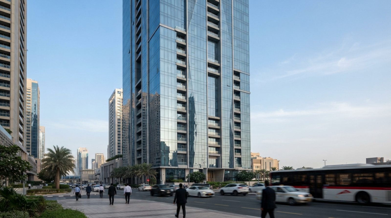 Illustration: Exterior view of an ultra-luxury modern high-rise residential skyscraper in Dubai under clear daylight, showcasing reflective blue-tinte