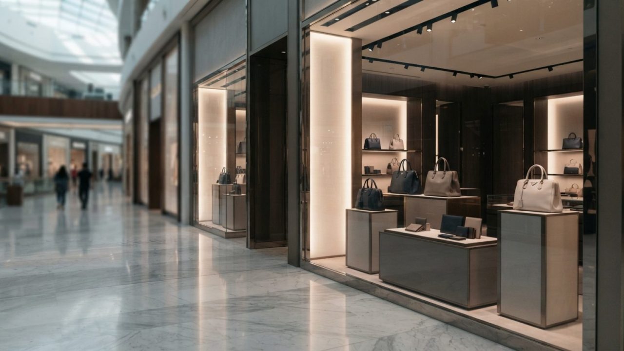 配图：位于高档现代化购物中心内的高端奢华精品店橱窗编辑摄影，展示着灯光映衬下的皮革配饰