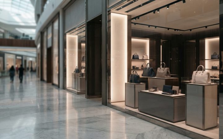 Illustration: Editorial photograph of high-end luxury boutique display windows inside an upscale modern shopping mall, showing illuminated leather acc