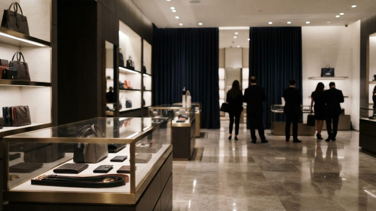 Illustration: An editorial photograph of an opulent luxury fashion retail boutique interior, polished marble flooring, warm recessed lighting illumina