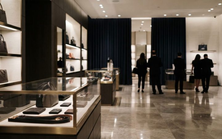 Illustration: An editorial photograph of an opulent luxury fashion retail boutique interior, polished marble flooring, warm recessed lighting illumina
