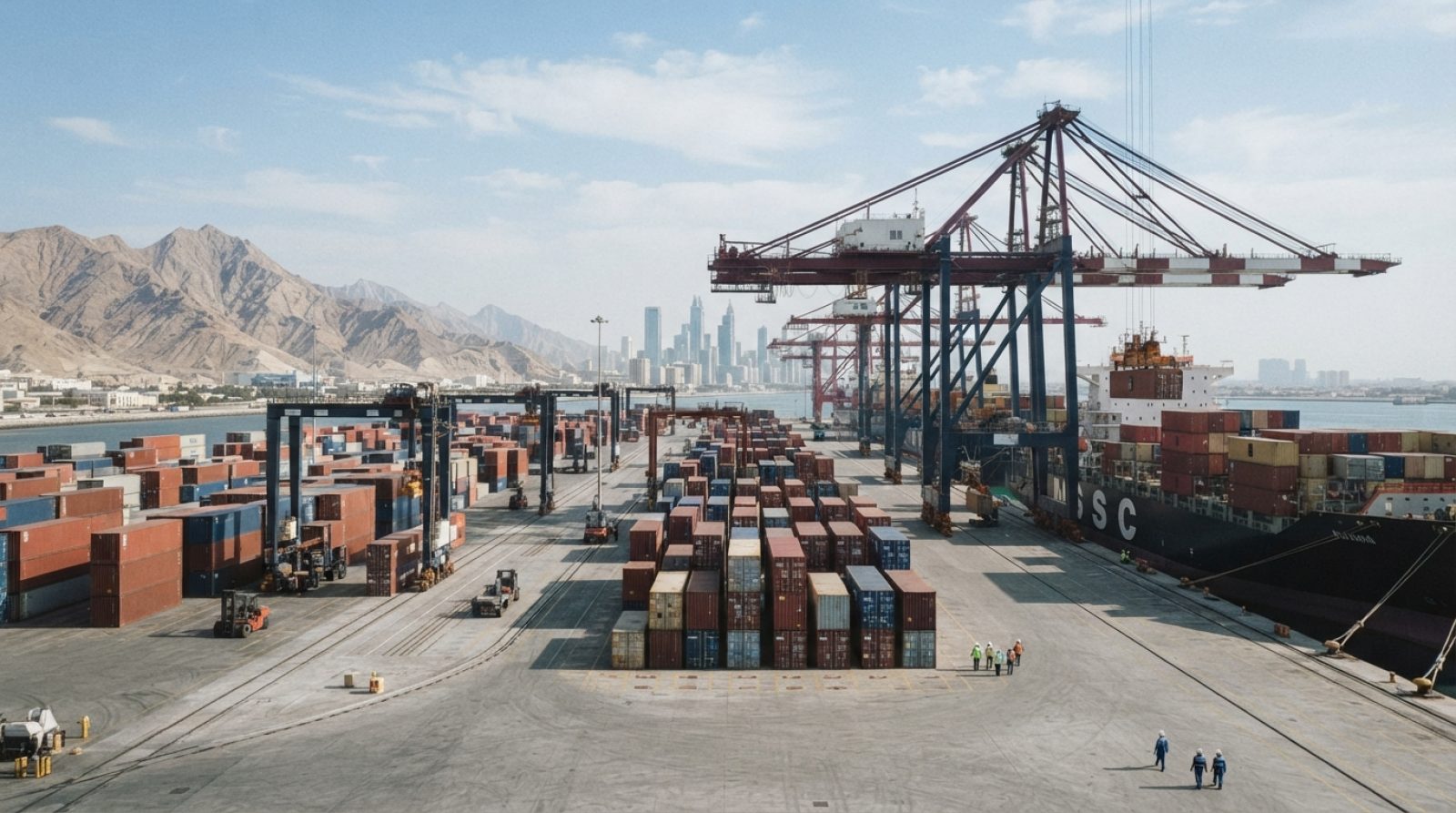 Illustration: A modern commercial container terminal at a Middle Eastern port with large container vessels docked beside towering gantry cranes moving
