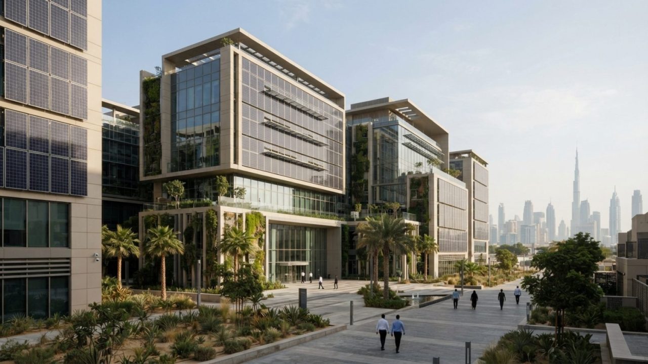Illustration: Editorial photograph of modern energy-efficient commercial corporate offices and green building architecture in Dubai under clear daylig