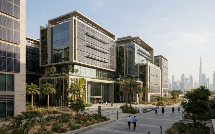 Illustration: Editorial photograph of modern energy-efficient commercial corporate offices and green building architecture in Dubai under clear daylig