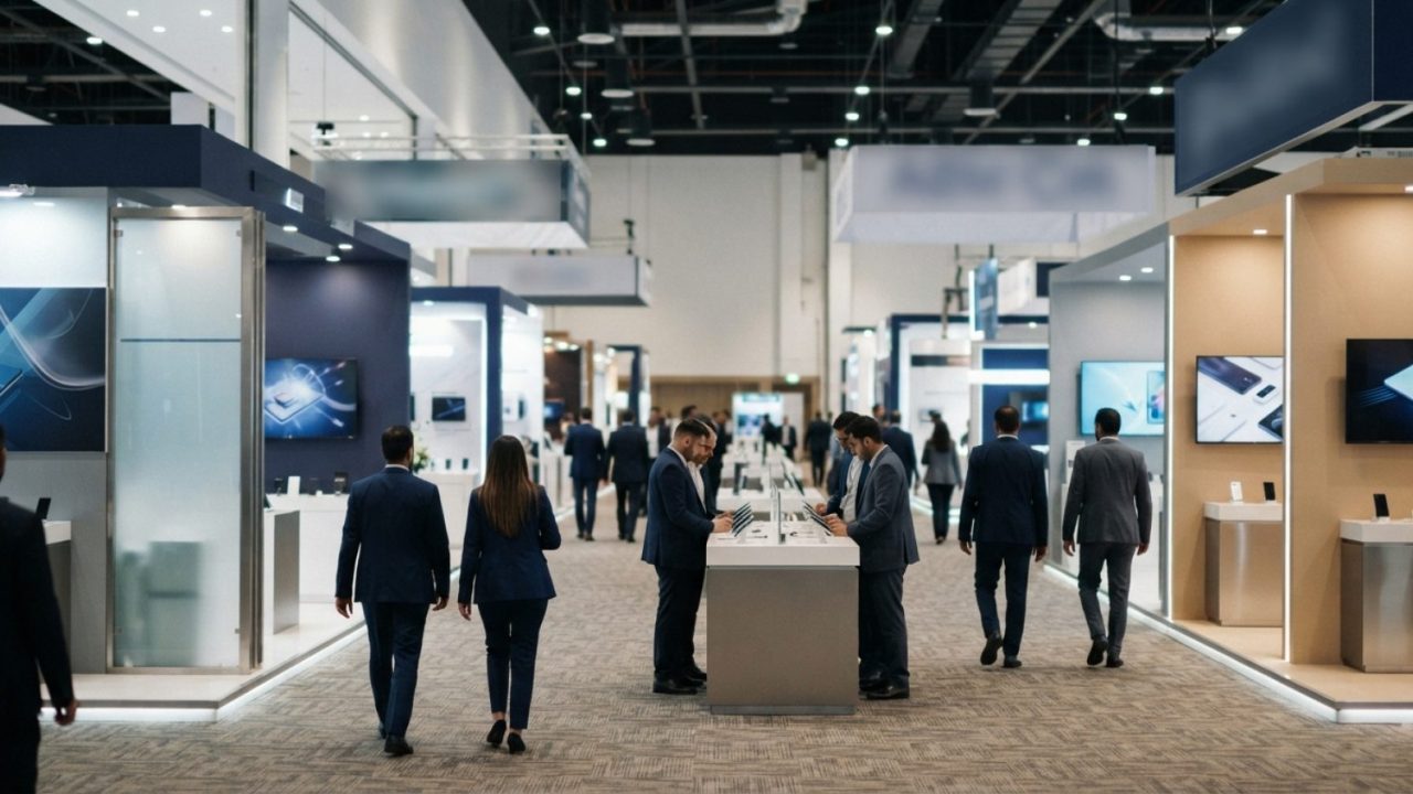Illustration: A wide-angle realistic editorial photograph of a modern, busy international electronics trade exhibition hall, featuring sleek illuminat