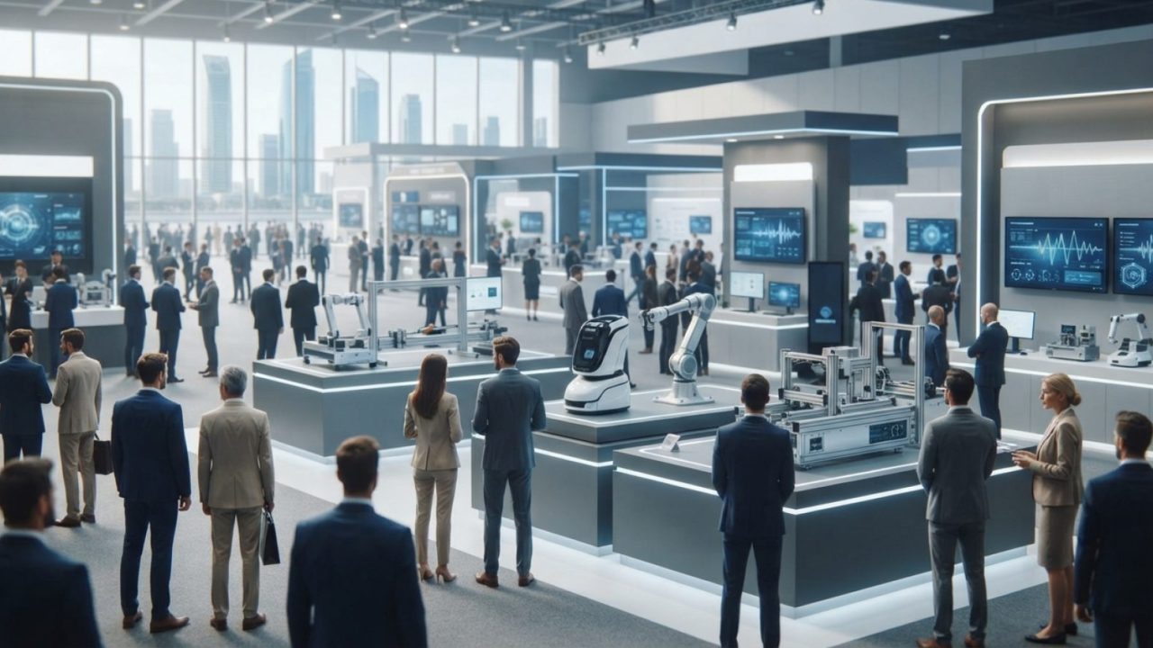 Illustration: A modern, wide-angle view of a large international technology exhibition center with illuminated display booths, sleek robotic hardware