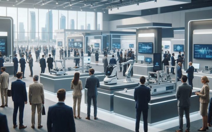 Illustration: A modern, wide-angle view of a large international technology exhibition center with illuminated display booths, sleek robotic hardware