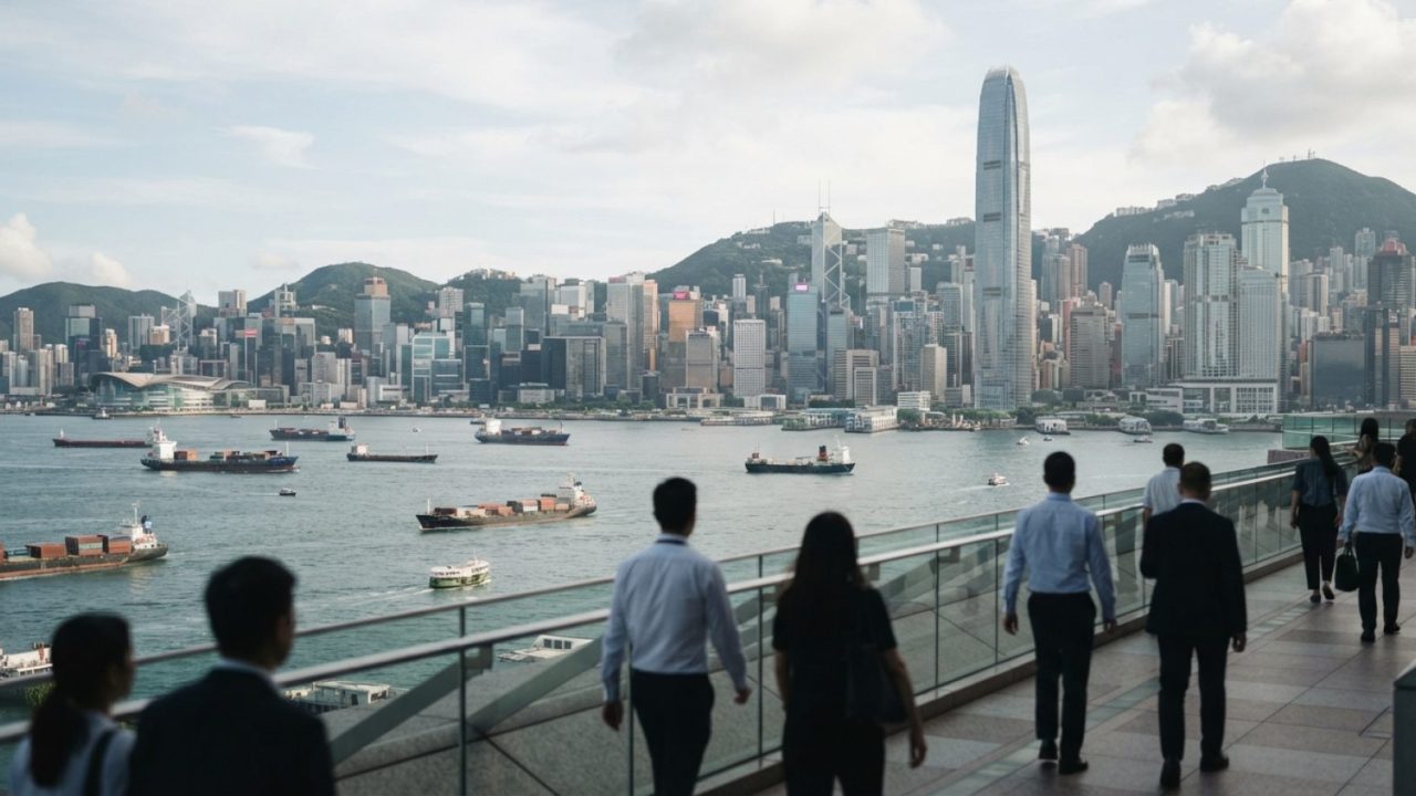 Illustration: A modern financial skyline in Hong Kong overlooking the harbour with cargo ships in the distance, bathed in daylight, realistic editoria