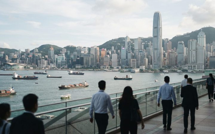 Illustration: A modern financial skyline in Hong Kong overlooking the harbour with cargo ships in the distance, bathed in daylight, realistic editoria
