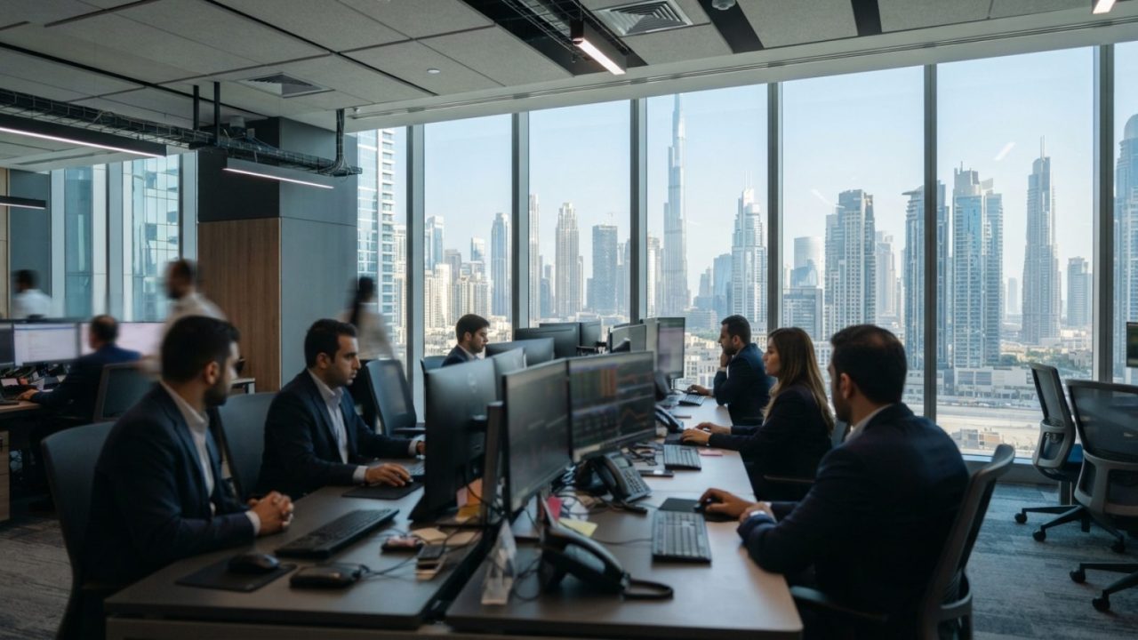 Illustration: A modern financial trading floor and office desk overlooking high-rise glass commercial skyscrapers in Dubai under bright natural daylig