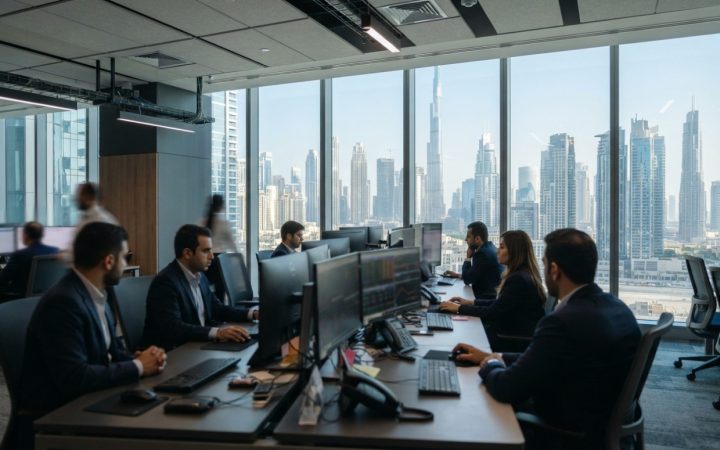 Illustration: A modern financial trading floor and office desk overlooking high-rise glass commercial skyscrapers in Dubai under bright natural daylig