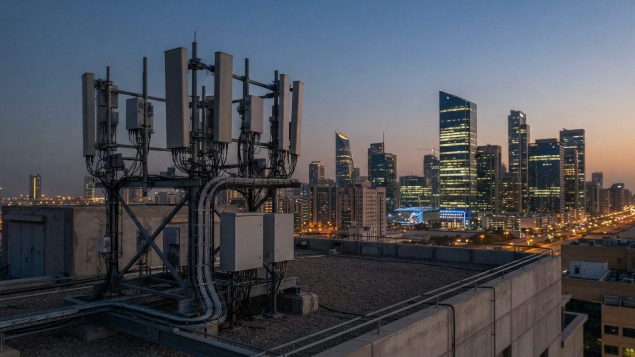 Illustration: A modern telecommunications cellular rooftop antenna array mounted on a building in an urban skyline at dusk, with modern glass high-ris