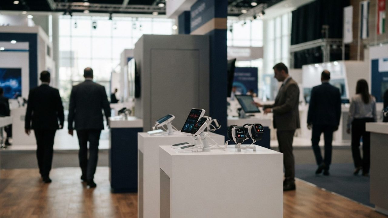 Illustration: A modern medical technology exhibition booth at a high-end conference center in Dubai, featuring digital health displays and smartwatch