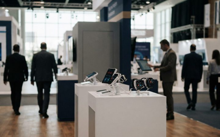 Illustration: A modern medical technology exhibition booth at a high-end conference center in Dubai, featuring digital health displays and smartwatch