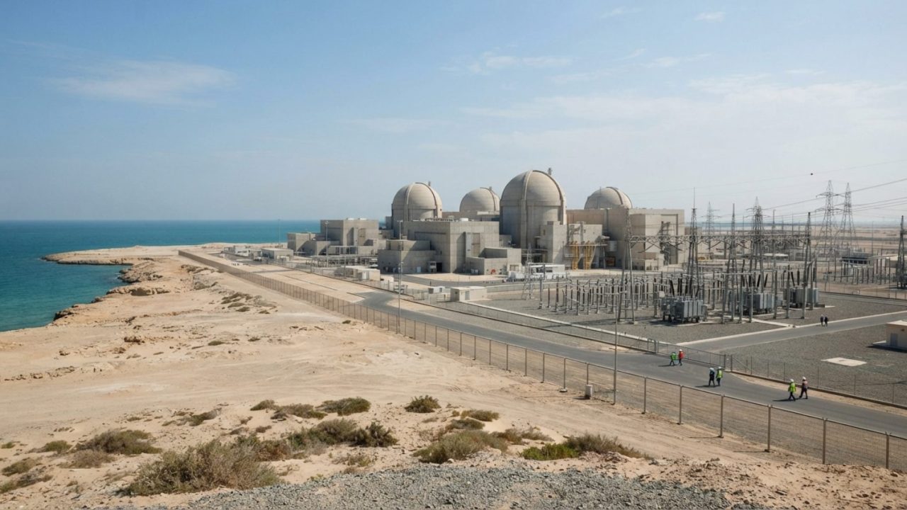Illustration: A wide editorial view of a modern nuclear power plant facility with concrete containment domes and electrical distribution sub-stations