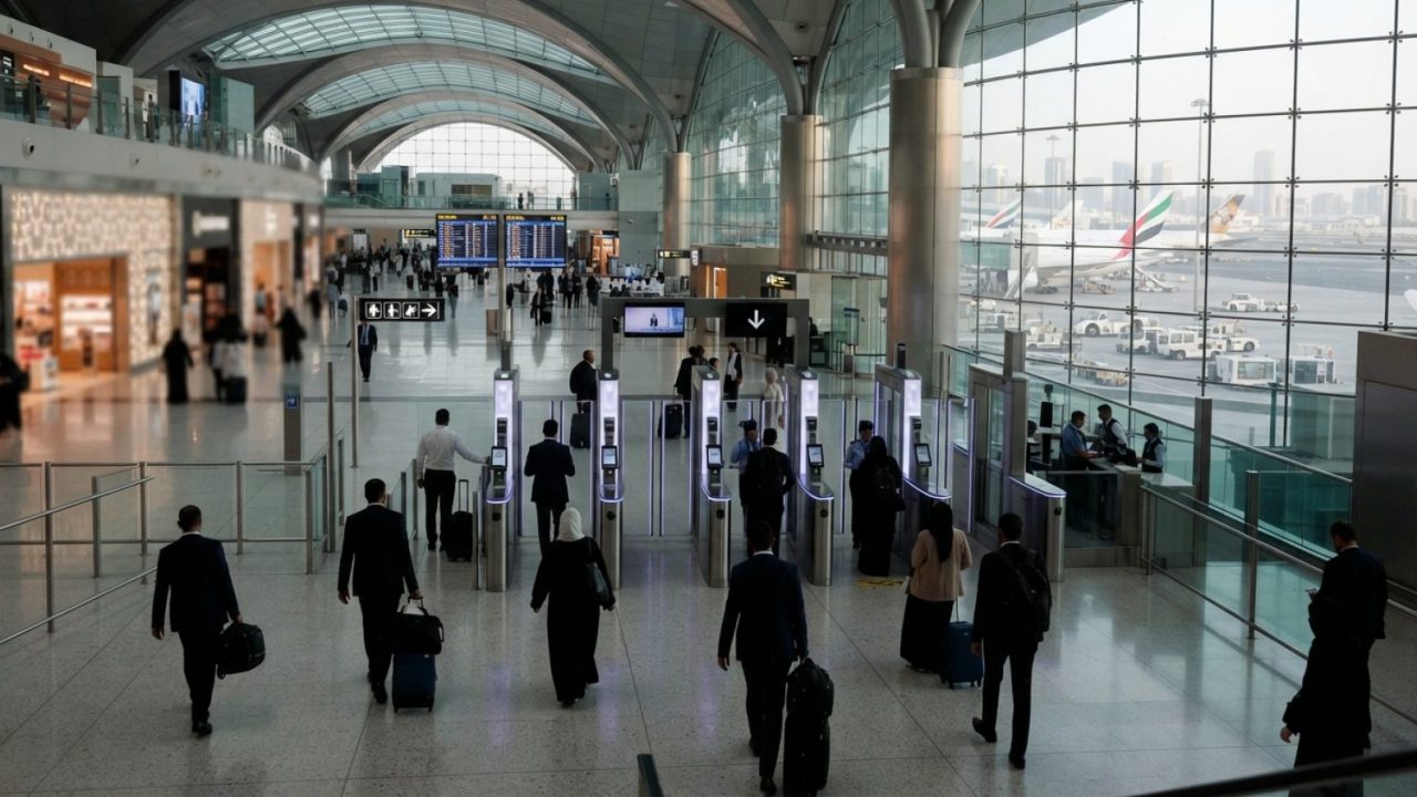 Illustration: A modern international airport terminal in the Middle East with passengers walking toward automated biometric electronic gates and digit