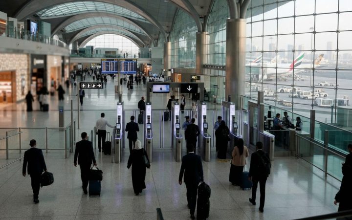 Illustration: A modern international airport terminal in the Middle East with passengers walking toward automated biometric electronic gates and digit