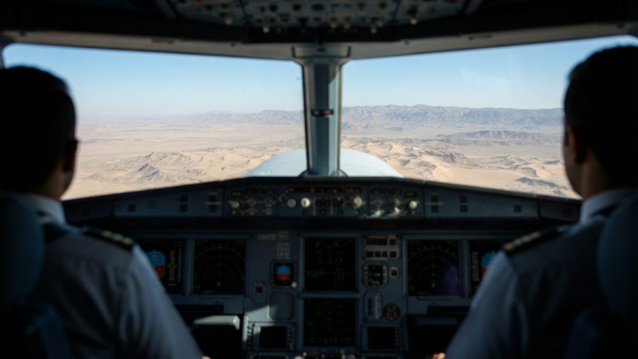 Illustration: A wide-angle commercial airliner cockpit view or high-altitude view showing a modern passenger jet cruising above calm desert terrain an