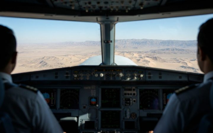 Illustration: A wide-angle commercial airliner cockpit view or high-altitude view showing a modern passenger jet cruising above calm desert terrain an