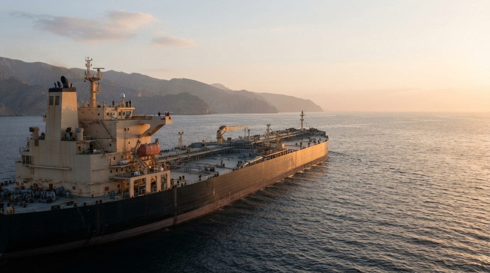 Illustration: A very large crude carrier oil tanker navigating open waters near the Gulf of Oman at sunrise, with industrial shipping equipment visibl