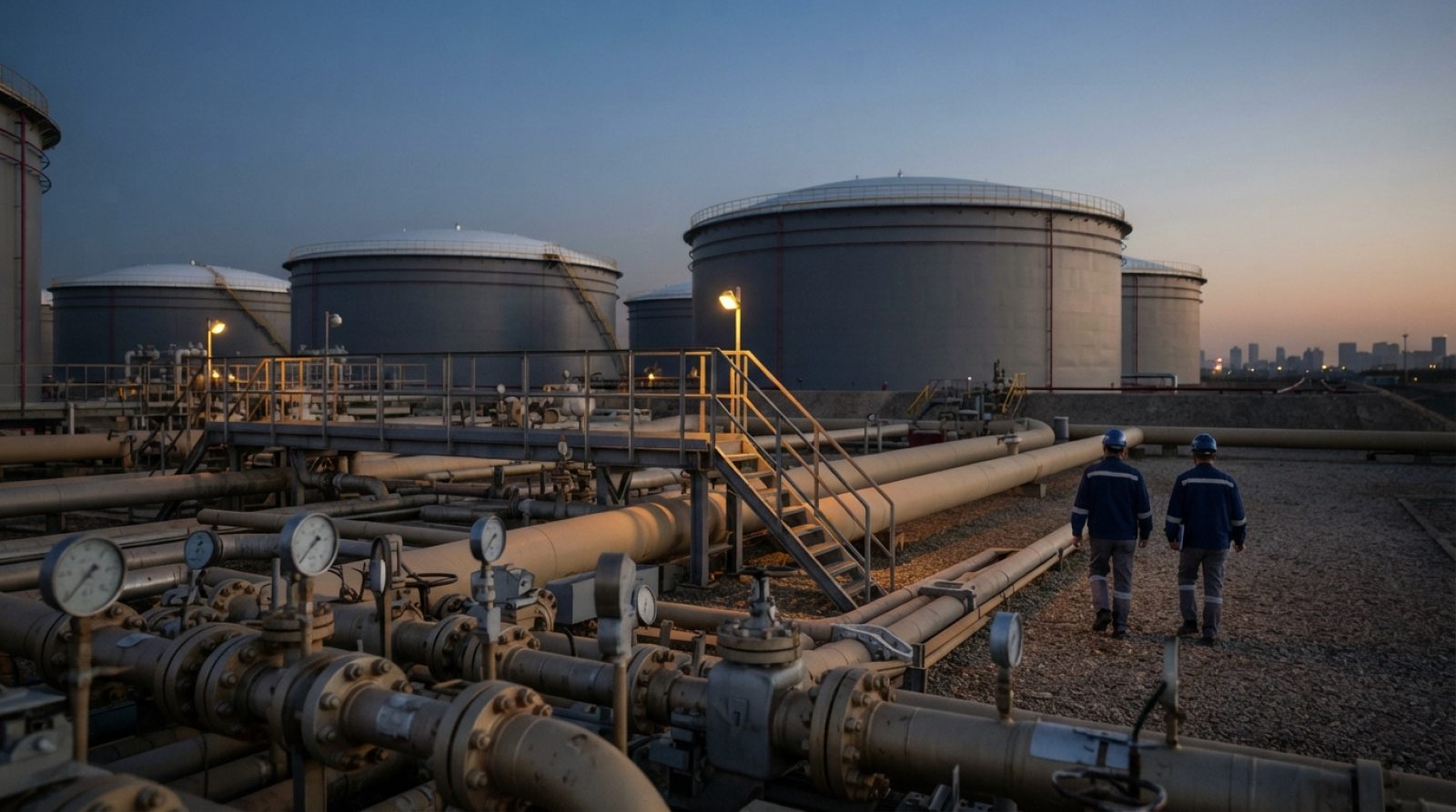 Illustration: Editorial photograph of a modern commercial oil storage terminal at dusk, showing large cylindrical fuel reserve tanks, industrial pipel