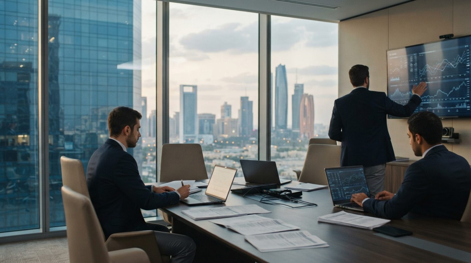 Illustration: Editorial news photograph of finance professionals analyzing international corporate tax datasets and investment charts in a modern glas