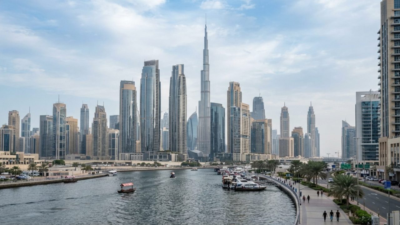 Illustration: Modern financial district skyline in Dubai with high-rise commercial towers and reflective glass architecture during daylight, neutral e