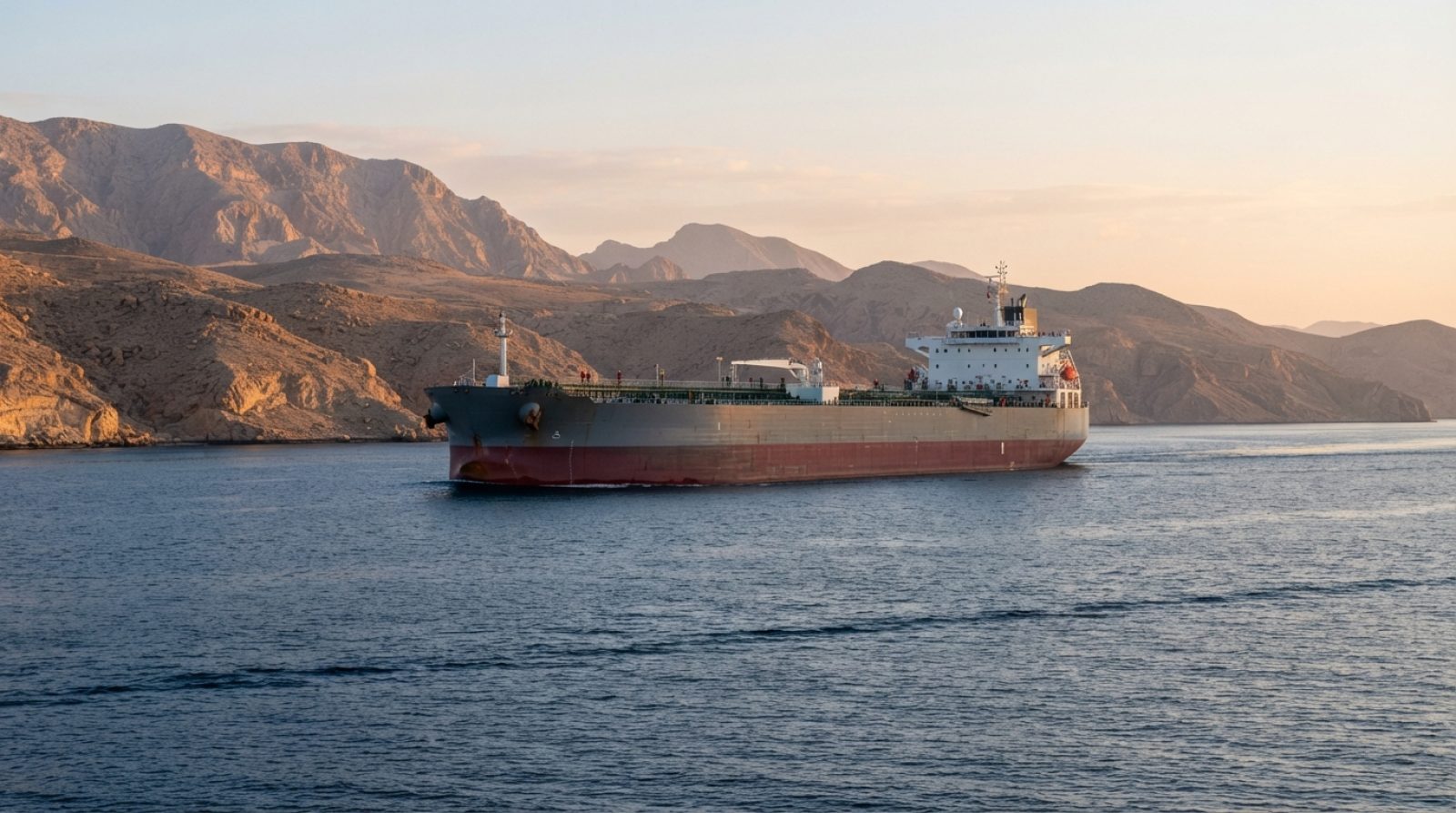 Illustration: A commercial oil tanker sailing through calm blue waters of a strait near arid coastal mountains at sunrise, realistic editorial news ph