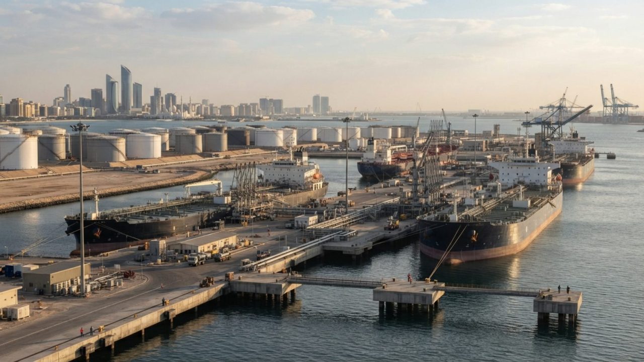 Illustration: A wide editorial photograph of a modern commercial crude oil terminal and tanker berths at a Middle Eastern port, featuring large crude