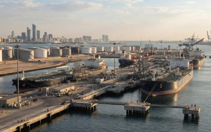 Illustration: A wide editorial photograph of a modern commercial crude oil terminal and tanker berths at a Middle Eastern port, featuring large crude