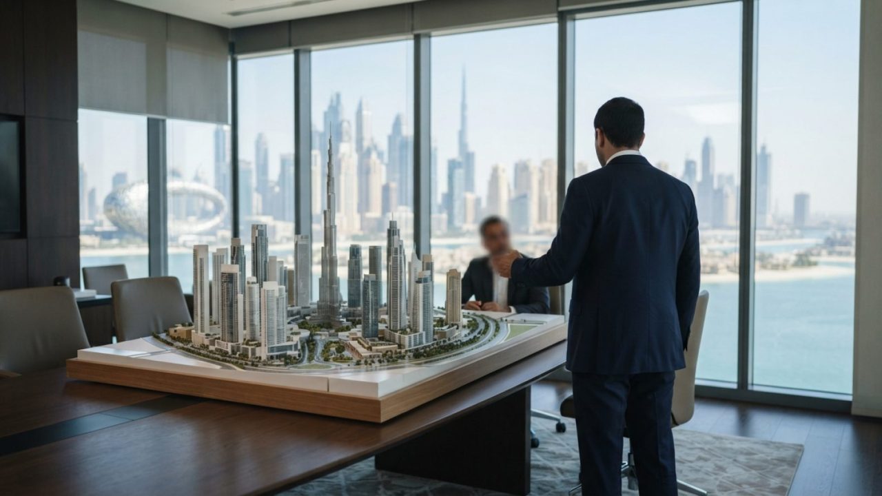 Illustration: An architectural model of a modern high-rise urban development placed on a polished conference table inside a luxury real estate advisor