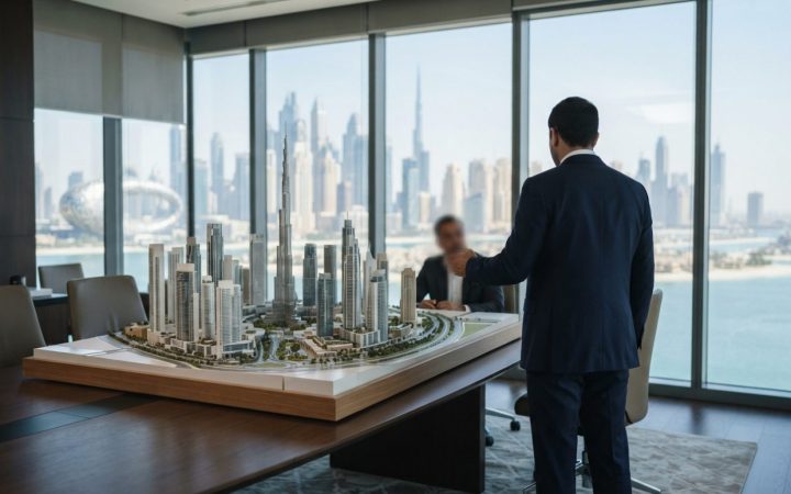 Illustration: An architectural model of a modern high-rise urban development placed on a polished conference table inside a luxury real estate advisor