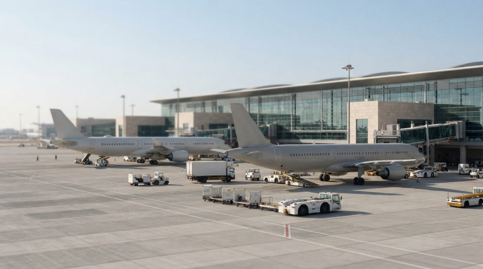 Illustration: Editorial photograph of commercial passenger airplanes stationed at a modern Middle Eastern airport apron under clear daylight, with air