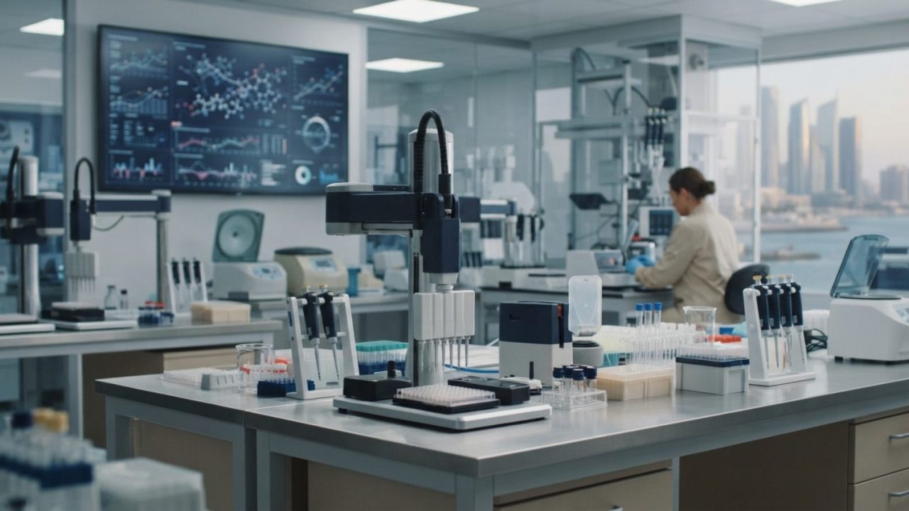 Illustration: A modern pharmaceutical high-tech laboratory with automated pipetting robotic arms and high-resolution data visualization screens, illum