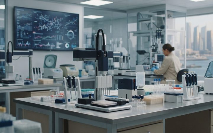 Illustration: A modern pharmaceutical high-tech laboratory with automated pipetting robotic arms and high-resolution data visualization screens, illum