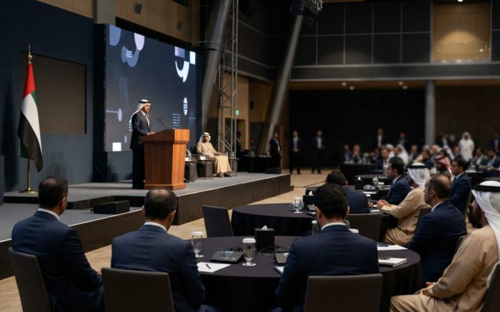 رسم توضيحي: منصة قاعة مؤتمرات عصرية وأنيقة في أبوظبي مع وفود أعمال مهنية يجلسون حول طاولات مستديرة، وإضاءة معمارية درامية