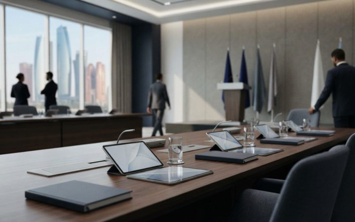 Illustration: A modern corporate financial conference hall with sleek architectural lines, soft ambient lighting, and empty conference tables equipped