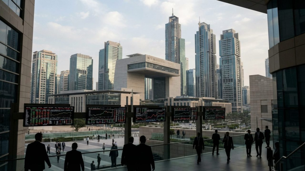 Illustration: Editorial photograph showing modern financial skyscrapers and stock exchange display screens in the Dubai International Financial Centre