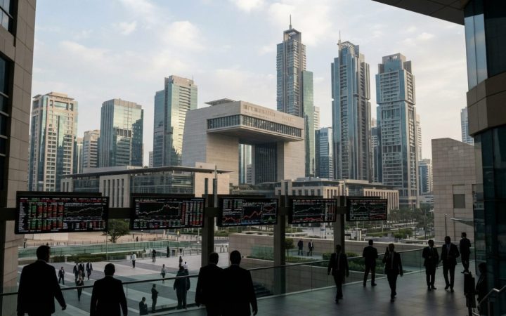 Illustration: Editorial photograph showing modern financial skyscrapers and stock exchange display screens in the Dubai International Financial Centre